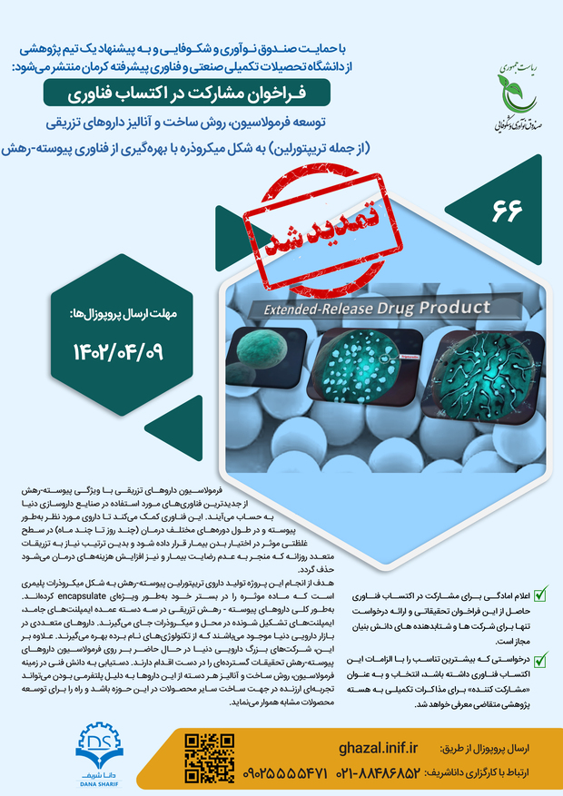 توسعه فرمولاسیون، روش ساخت و آنالیز داروهای تزریقی (از جمله تریپتورلین) به شکل میکروذره با بهره‌گیری از فناوری پیوسته-رهش